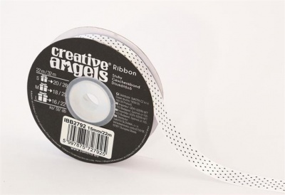 Saténová stuha, 15 mm x 22 m, biela s čiernymi bodkami