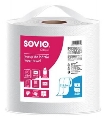 Papierové utierky, 100 % celulóza, rolka, 212,6 m, priemer 26,5 cm, 2-vrstvové, SOVIO
