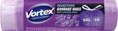 Vrecia na odpadky, so sťahovacou páskou, 60 l, 10 ks, 60 × 70 cm, HDPE, 15 µ, VORTEX, s levanduľovou vôňou