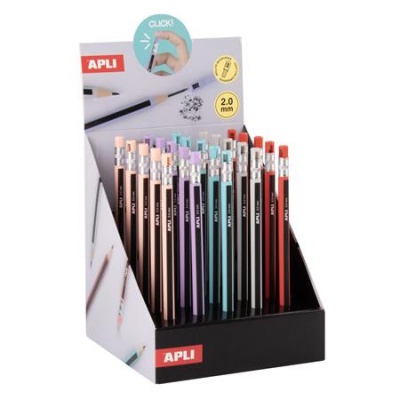 Mechanické ceruzky, displej, 2 mm, so strúhadlom, APLI, v rôznych farbách, 25 ks