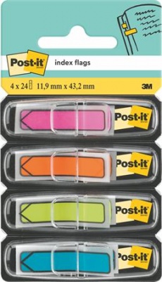 Záložky, plastové, 4x24 záložiek, 11,9x43,2 mm, v tvare šípky, 3M POSTIT, mix