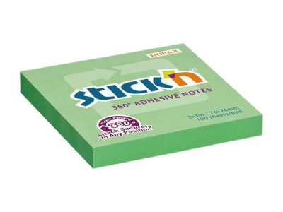 Samolepiaci poznámkový blok, 76x76 mm, 100 listov, STICK N „360°, zelená