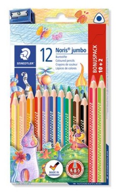 Farebné ceruzky, sada, trojhranné, hrubé, so strúhadlom, STAEDTLER "Noris® Jumbo 128", 10+2 rôznych farieb