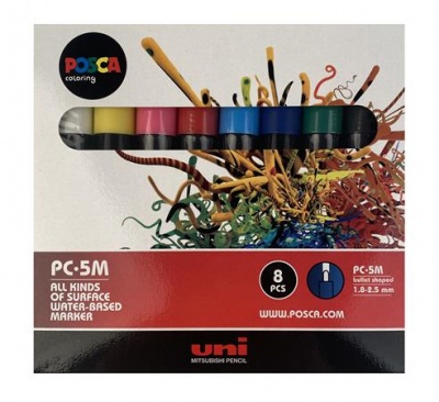 Dekoračný popisovač, sada, 1,8-2,5 mm, UNI "Posca PC-5M", 8 rôznych farieb
