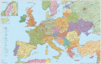 Nástenná mapa, 136x90 cm, kovová lišta, cestná mapa Európy, STIEFEL - výrobok v AJ a NJ