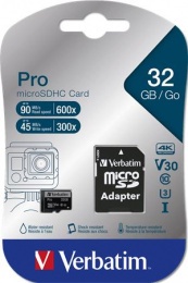 Pamäťová karta, microSDHC, 32 GB, CL10/U3, 90/45 MB/s, s adaptérom, VERBATIM "PRO"